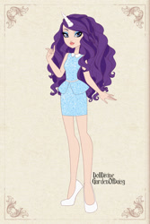 Size: 800x1200 | Tagged: safe, artist:gardenofdaisy, artist:hippykat13, rarity, human, belt, clothes, dolldivine, dress, dressup, dressup game, ever after high, eyeshadow, flats, horn, horned humanization, humanized, makeup, solo