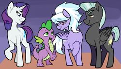 Size: 1024x580 | Tagged: safe, cloudchaser, rarity, spike, thunderlane, dragon, pegasus, pony, unicorn, cute, cutechaser, daaaaaaaaaaaw, female, looking at each other, male, mare, shipper on deck, shipping, spikechaser, spikelove, stallion, straight, thunderbetes