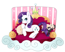 Size: 1280x1022 | Tagged: safe, artist:co0kie-cat, rarity, pony, unicorn, female, lying, mare, pillow, plushie, simple background, sofa, solo, white background