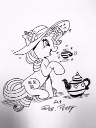 Size: 3024x4032 | Tagged: safe, artist:debmervin, rarity, pony, unicorn, cup, hat, magic, monochrome, solo, teacup, teapot, traditional art