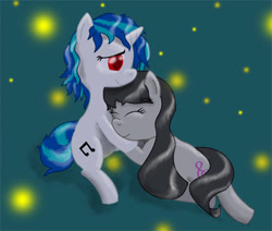 Size: 400x339 | Tagged: safe, artist:gimpcowking, dj pon-3, octavia melody, vinyl scratch, earth pony, pony, female, lesbian, messy mane, scratchtavia, shipping