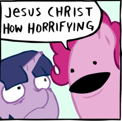 Size: 680x674 | Tagged: safe, derpibooru import, pinkie pie, twilight sparkle, earth pony, pony, artifact, jesus christ how horrifying, meme, reaction image, wat