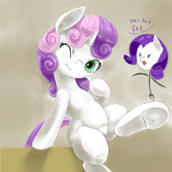 Size: 1000x1000 | Tagged: safe, artist:usager, rarity, sweetie belle, pony, unicorn, cute, diasweetes, female, filly, frog (hoof), mare, one eye closed, smiling, solo focus, stick figure, underhoof, wink