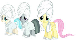 Size: 5134x2730 | Tagged: safe, artist:ironm17, coco pommel, fluttershy, marble pie, earth pony, pegasus, pony, absurd resolution, bathrobe, clothes, female, simple background, slippers, the council of shy ponies, towel, transparent background, trio, trio female, vector