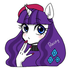 Size: 612x565 | Tagged: safe, artist:nayu, artist:sea contact, rarity, anthro, alternate hairstyle, ambiguous facial structure, beatnik rarity, beret, bust, clothes, cute, female, hat, nail polish, pixiv, portrait, raribetes, simple background, solo, sweater, white background