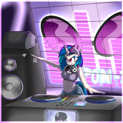 Size: 5000x5000 | Tagged: safe, artist:vicse, dj pon-3, octavia melody, vinyl scratch, anthro, unicorn, absurd resolution, backlighting, belly button, clothes, female, headphones, midriff, nightclub, solo, sports bra, working