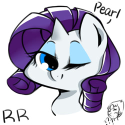 Size: 566x566 | Tagged: safe, artist:crazy bush, part of a set, rarity, pony, unicorn, bust, crossover, cute, female, head only, one eye closed, one word, pearl (steven universe), pixiv, portrait, question mark, raribetes, simple background, solo, steven universe, white background, wink