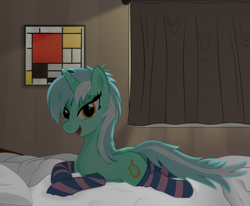 Size: 3426x2824 | Tagged: safe, artist:farminilla, lyra heartstrings, bed, bedroom, bedroom eyes, clothes, curtain, messy bed, messy mane, modern art, piet mondrian, prone, socks, solo, striped socks