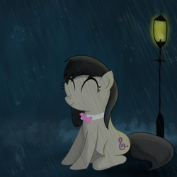 Size: 4000x4000 | Tagged: safe, artist:miaowwww, octavia melody, earth pony, pony, eyes closed, music notes, rain, smiling, solo, streetlight, wet mane