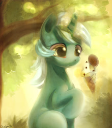 Size: 1074x1223 | Tagged: safe, artist:carligercarl, lyra heartstrings, pony, unicorn, food, ice cream, magic, solo, telekinesis, tree