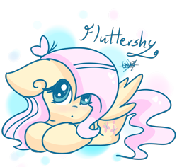 Size: 2702x2546 | Tagged: safe, artist:fleetyarrowdraw, fluttershy, pegasus, pony, abstract background, floppy ears, looking at you, looking sideways, looking up, name, prone, solo
