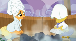 Size: 2433x1337 | Tagged: safe, screencap, applejack, rarity, earth pony, pony, unicorn, applejack's "day" off, clothes, discovery family logo, robe, sauna, towel