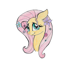 Size: 1519x1288 | Tagged: safe, artist:sonic-spatula, fluttershy, pegasus, pony, bust, cute, flower, flower in hair, looking at you, looking sideways, portrait, shyabetes, simple background, smiling, solo, stray strand, traditional art, white background