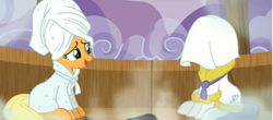 Size: 1680x741 | Tagged: safe, screencap, applejack, rarity, earth pony, pony, unicorn, applejack's "day" off, clothes, robe, sauna