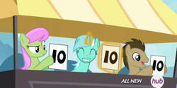 Size: 805x403 | Tagged: safe, screencap, doctor whooves, lyra heartstrings, merry may, pony, leap of faith, hub logo, judging, lyra's score, magic, silly, silly pony