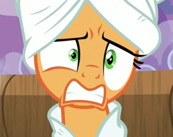 Size: 429x341 | Tagged: safe, screencap, applejack, earth pony, pony, applejack's "day" off, clothes, robe, solo, towel