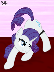 Size: 1281x1694 | Tagged: safe, artist:banquo0, derpibooru exclusive, rarity, pony, unicorn, bed, bedroom, bedroom eyes, face down ass up, garter, lip bite, presenting, solo