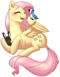 Size: 923x1170 | Tagged: safe, artist:mischeivousfoxx, fluttershy, pegasus, pony, rabbit, eyes closed, happy, head turn, holding, listening, open mouth, prone, simple background, smiling, solo, spread wings, transparent background, wings