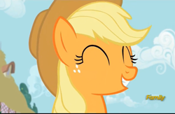 Size: 2213x1439 | Tagged: safe, screencap, applejack, earth pony, pony, applejack's "day" off, applejack's hat, cowboy hat, cute, discovery family logo, eyes closed, female, hat, jackabetes, mare, smiling