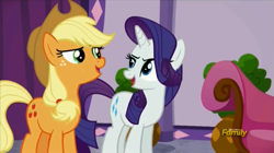 Size: 1277x713 | Tagged: safe, screencap, applejack, rarity, earth pony, pony, unicorn, applejack's "day" off, discovery family logo