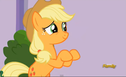 Size: 891x543 | Tagged: safe, screencap, applejack, earth pony, pony, applejack's "day" off, air quotes, discovery family logo, solo