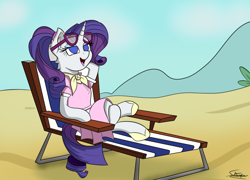 Size: 1500x1080 | Tagged: safe, artist:sadtrooper, rarity, pony, unicorn, atg 2019, beach, beach chair, camping outfit, clothes, crossed legs, dress, newbie artist training grounds, ponytail, signature, solo, sunglasses, vacation
