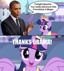 Size: 500x558 | Tagged: safe, derpibooru import, twilight sparkle, twilight sparkle (alicorn), alicorn, human, barack obama, comic, irl, irl human, photo, president, speech bubble, thanks obama