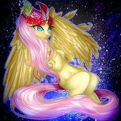 Size: 1000x1000 | Tagged: safe, artist:fantisai, fluttershy, pegasus, pony, feather, flower, hat, solo, space