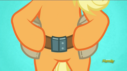 Size: 1920x1080 | Tagged: safe, screencap, applejack, earth pony, pony, applejack's "day" off, belly, bipedal, blue background, discovery family logo, featureless crotch, simple background, solo, toolbelt