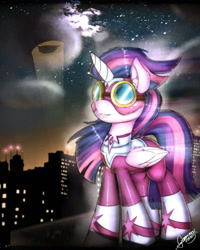 Size: 1200x1500 | Tagged: safe, artist:gamermac, derpibooru import, masked matter-horn, twilight sparkle, twilight sparkle (alicorn), alicorn, pony, power ponies (episode), city, female, goggles, mare, power ponies