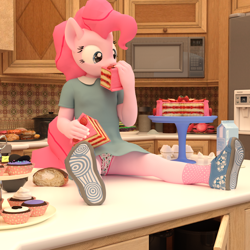 Size: 920x920 | Tagged: safe, artist:tahublade7, pinkie pie, anthro, plantigrade anthro, 3d, cake, clothes, cupcake, cute, diapinkes, dress, eating, female, filly, filly pinkie pie, food, kitchen, microwave, milk, panties, shoes, skirt, skirt lift, sneakers, socks, table, underwear, upskirt, white underwear, younger