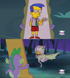 Size: 913x1024 | Tagged: safe, edit, edited screencap, screencap, fluttershy, spike, bat pony, dragon, pony, bats!, exploitable meme, face swap, flutterbat, flutterbat's mirror, homer simpson, meme, race swap, the dud, the simpsons