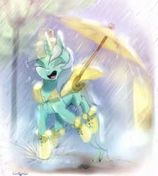 Size: 1848x2057 | Tagged: safe, artist:carligercarl, lyra heartstrings, pony, unicorn, boots, eyes closed, happy, jumping, open mouth, puddle, rain, smiling, solo, streetlight, umbrella