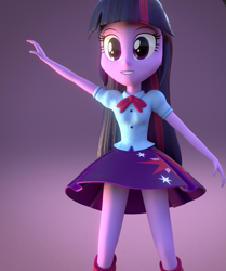 Size: 903x1080 | Tagged: safe, artist:camtwosix, artist:creatorofpony, derpibooru import, twilight sparkle, equestria girls, 3d, 3d model, blender, clothes, grin, shirt, skirt, smiling, solo