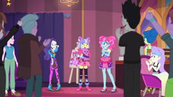 Size: 1600x900 | Tagged: safe, screencap, coffee rush, cool scarf guy, coral pink, kiwi lollipop, laurel jade, princess thunder guts, rarity, snow flower, supernova zap, better together, choose your own ending, equestria girls, lost and pound, lost and pound: rarity, background human, cheering, clapping, clothes, embarrassed, feet, k-lo, legs, messy hair, midriff, postcrush, sandals, skirt, su-z, tanktop, zettai ryouiki