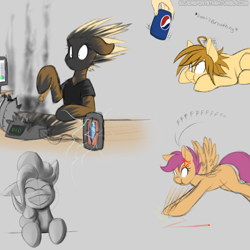 Size: 2000x2000 | Tagged: safe, artist:silverfox057, pinkie pie, scootaloo, oc, oc:silverblaze, oc:twix, earth pony, pony, behaving like a cat, colored sketch, explosion, female, floppy ears, grin, male, mare, monochrome, pepsi, simple background, smiling, soda, stallion