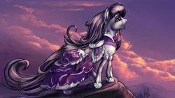 Size: 5760x3240 | Tagged: safe, artist:viwrastupr, octavia melody, earth pony, pony, clothes, cloud, cloudy, costume porn, dress, ear fluff, open mouth, singing, sky, solo, windswept mane