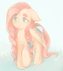 Size: 934x1062 | Tagged: safe, artist:awataguchi, fluttershy, pegasus, pony, beanbrows, bow, braid, eyebrows, floppy ears, looking at something, open mouth, pastel colors, raised eyebrow, raised hoof, simple background, solo, standing, tail bow, white background, wings