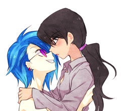 Size: 648x573 | Tagged: safe, artist:megarexetera, dj pon-3, octavia melody, vinyl scratch, human, clothes, ear piercing, earring, eye contact, female, grin, hairband, humanized, imminent kissing, jewelry, lesbian, looking at each other, nudity, piercing, scratchtavia, shipping, shirt, simple background, smiling, sunglasses, white background