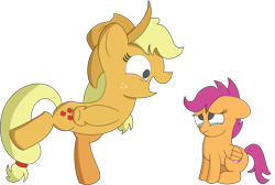 Size: 2517x1693 | Tagged: safe, artist:pastelhorses, applejack, scootaloo, chicken, earth pony, pegasus, pony, applejack's "day" off, abuse, applejerk, chickenjack, crossing the line twice, crying, female, filly, mare, mocking, scootabuse, scootachicken, silly, silly pony, simple background, transparent background, we are going to hell, who's a silly pony