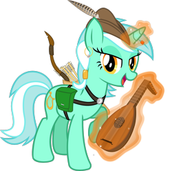 Size: 2042x2026 | Tagged: safe, artist:cheezedoodle96, lyra heartstrings, pony, alternate hairstyle, arrow, arrows, bard, bow (weapon), earring, fantasy class, female, harness, looking at you, lute, magic, mare, quiver, simple background, singing, solo, transparent background, vector, wip