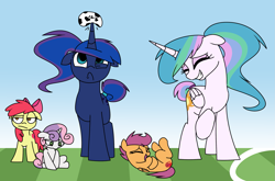 Size: 2397x1584 | Tagged: safe, artist:asherspray, apple bloom, princess celestia, princess luna, scootaloo, sweetie belle, alicorn, pony, ball, cute, cutie mark crusaders, female, filly, floppy ears, football, horn impalement, laughing, mare, royal sisters, smiling, sports