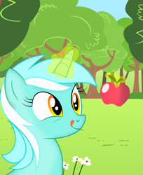 Size: 1600x1957 | Tagged: safe, artist:qcryzzy, lyra heartstrings, pony, unicorn, apple, licking, licking lips, magic, solo, telekinesis, tongue out, tree