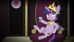 Size: 1920x1080 | Tagged: safe, artist:subesia, derpibooru import, twilight sparkle, twilight sparkle (alicorn), alicorn, pony, accessory swap, cup, female, grin, hail to the queen, mare, sitting, solo, throne, wine