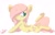 Size: 1024x658 | Tagged: safe, artist:misssmilehaas, fluttershy, pegasus, pony, backbend, cute, flexible, folded wings, hair over one eye, head turn, looking back, no pupils, prone, raised leg, shyabetes, simple background, smiling, solo, underhoof, white background