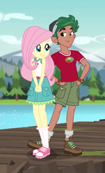 Size: 398x660 | Tagged: safe, artist:limedazzle, artist:themexicanpunisher, fluttershy, timber spruce, equestria girls, legend of everfree, boots, camp everfree outfits, clothes, cute, female, lake, male, mountain, mountain range, pier, raised leg, request, shipping, shoes, shorts, sneakers, socks, straight, timbershy, tree