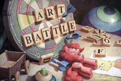 Size: 1200x800 | Tagged: safe, artist:cannibalus, pinkie pie, earth pony, pony, art battle, ball, bart simpson, dartboard, darts, female, letter, mare, signature, smiling, solo, table, tabun art-battle, tabun art-battle cover, toy, wagon