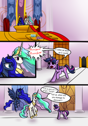 Size: 1400x2000 | Tagged: safe, artist:shido-tara, princess celestia, princess luna, twilight sparkle, twilight sparkle (alicorn), alicorn, pony, comic:curse and madness, canterlot castle, clothes, comic, mlpcam, peytral, shoes, stained glass, stained glass window, tapestry, text bubbles, throne, throne room