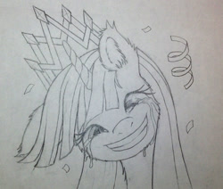 Size: 600x508 | Tagged: safe, artist:cyle, derpibooru import, twilight sparkle, twilight sparkle (alicorn), alicorn, pony, crying, ear fluff, female, grin, mare, monochrome, new crown, solo, tears of joy, traditional art