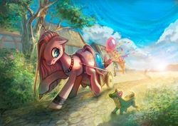 Size: 1403x992 | Tagged: safe, artist:erinliona, gummy, pinkie pie, alligator, earth pony, pony, balloon, cart, collar, duo, fireworks, harness, pinkamena diane pie, scenery, streamers, tack, tree, wristband